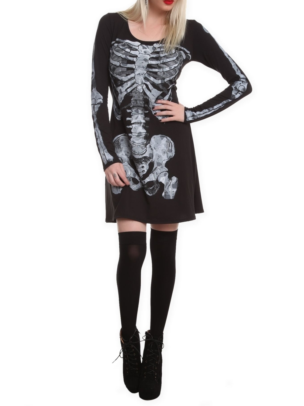 Rare - Skeleton Print Long-Sleeve Midi Dress